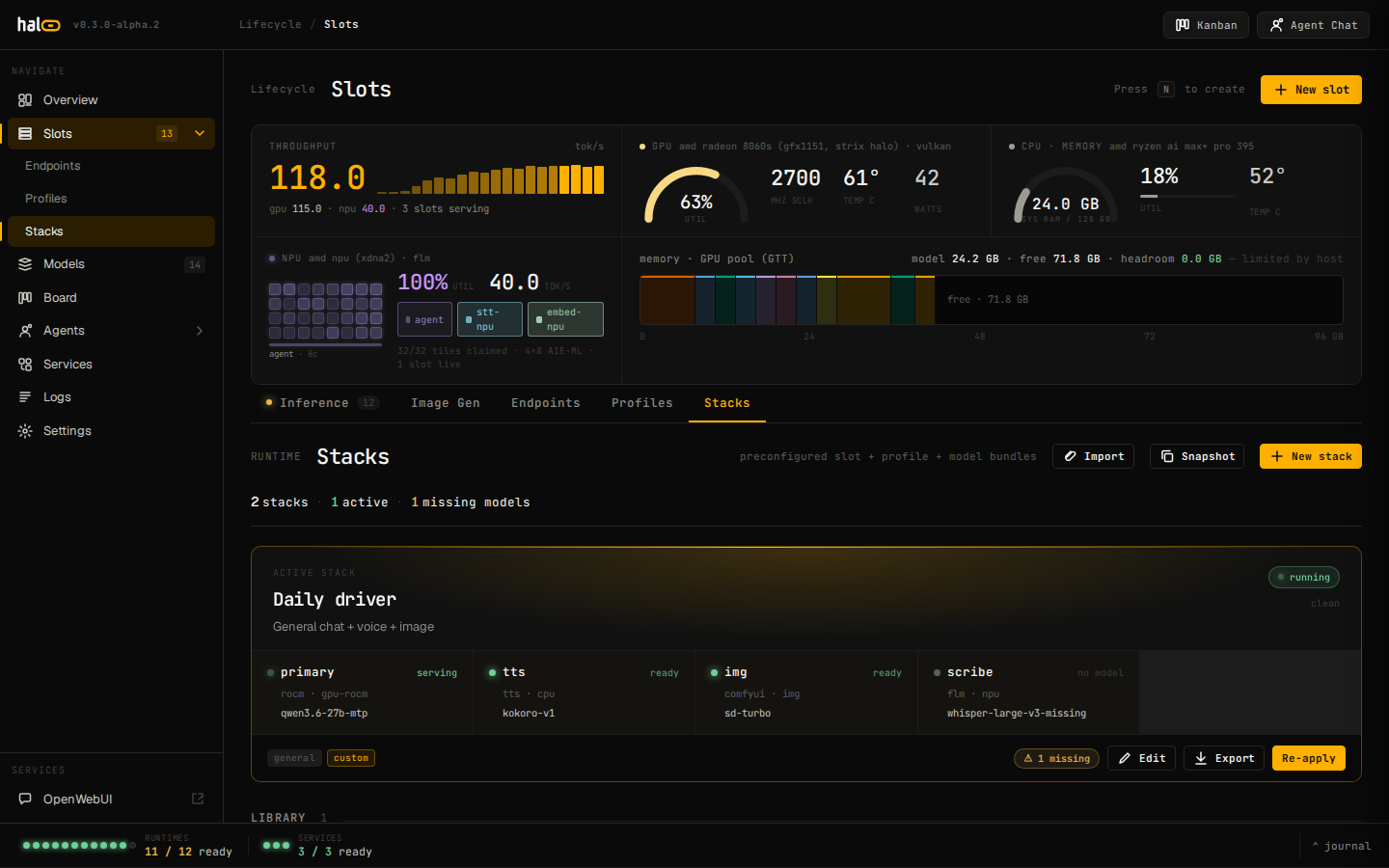 The Stacks tab — a "Daily driver" stack bundling primary, tts, img, and scribe slots, with active state, a missing-model flag, and import / snapshot / re-apply actions